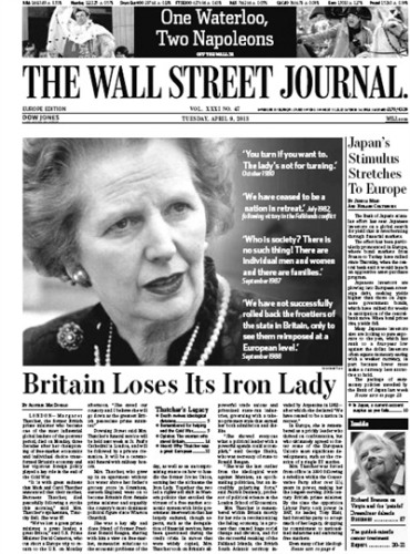 《華爾街日?qǐng)?bào)》歐洲版頭版有關(guān)撒切爾離世報(bào)道 《華爾街日?qǐng)?bào)》歐洲版頭版有關(guān)撒切爾離世報(bào)道